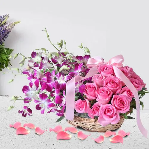 Impressive Pink Roses n Purple Orchids Basket