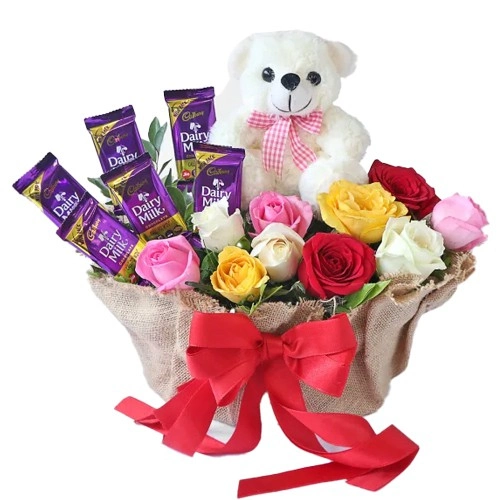 Dazzling Basket of Cadbury Chocolates with Mixed Roses n Teddy