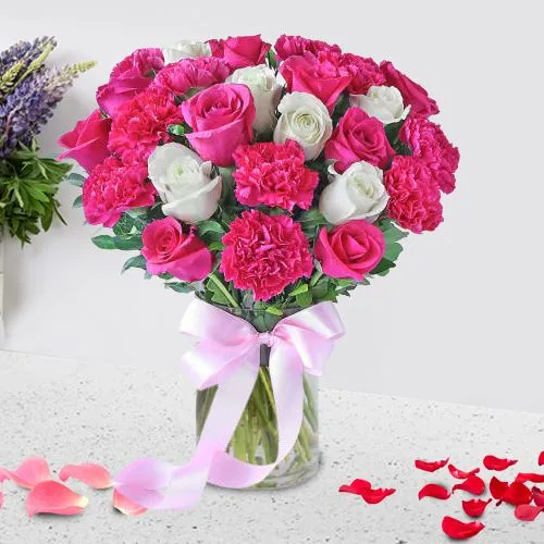 Delightful Carnation n Roses in Glass Vase