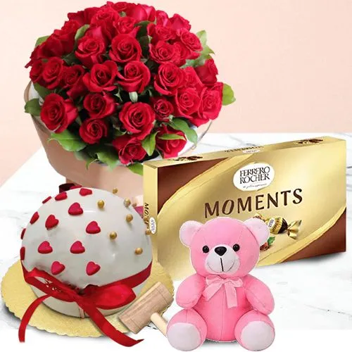 Irresistible Combo of Love Ball Smash Cake, Ferrero Moments with Dutch Rose Bouquet n Teddy	
