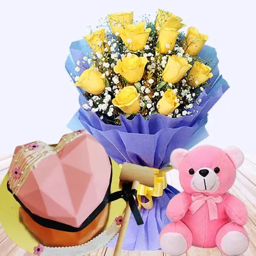 Enchanting Heart Shape Strawberry Smash Cake, Yellow Rose Bouquet n Teddy Combo