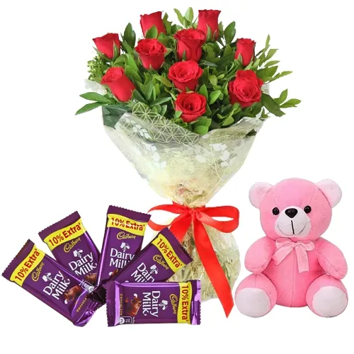 Be My Valentine Red Roses Bouquet, Adorable Teddy n Cadbury Combo