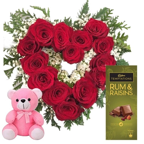 Love Shape Arrangement of Red Roses, Cadbury Temptation n Soft Teddy