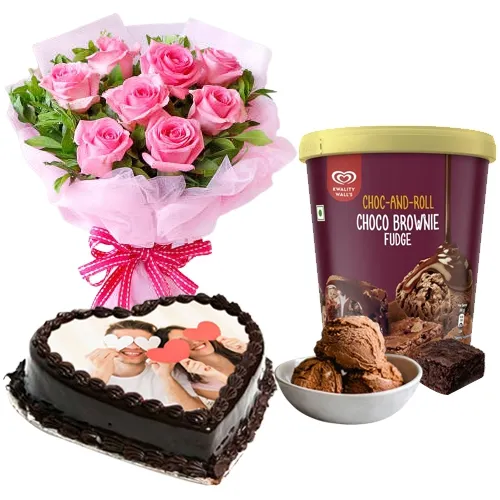 Delectable Kwality Walls Choco Brownie Ice-Cream Combo with Roses n Love Photo Cake