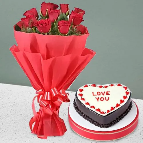 Delightful Red Roses Bouquet n Heart Shape Chocolate Cake Combo