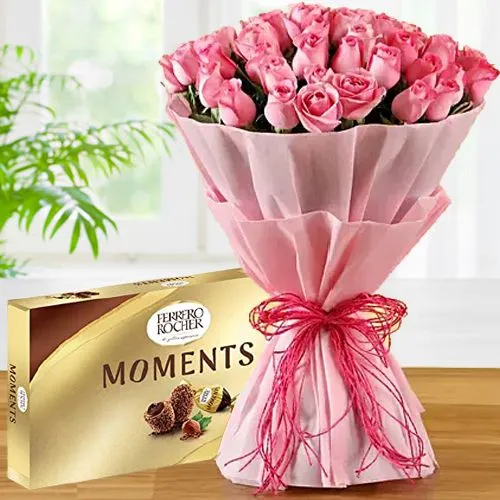 Loads of Romance Combo of 50 Pink Roses Bunch n Ferrero Moments
