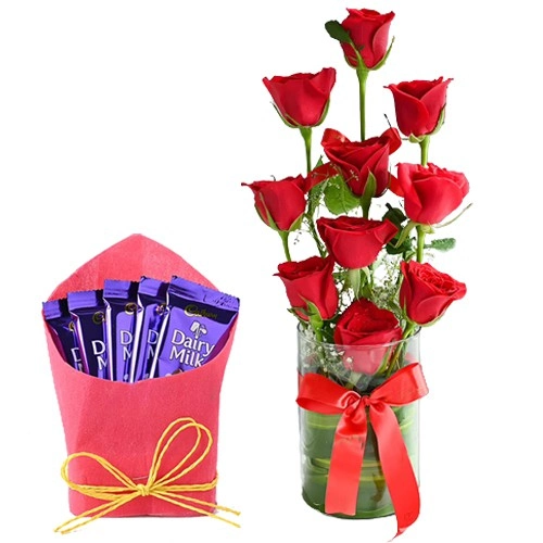 Deep In Love Combo of Red Roses in Glass Vase with Cadbury Dairy Milk