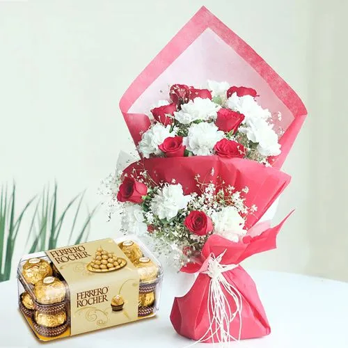 Valentine Bouquet of Red Roses n White Carnation with Ferrero Rocher