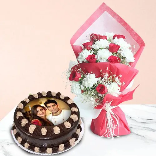 Valentine Combo of Photo Cake with Mixed Flower Bouquet