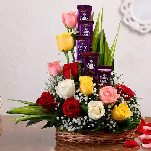 Dazzling Mixed Roses n Cadbury Dairy Milk Chocolates Arrangement