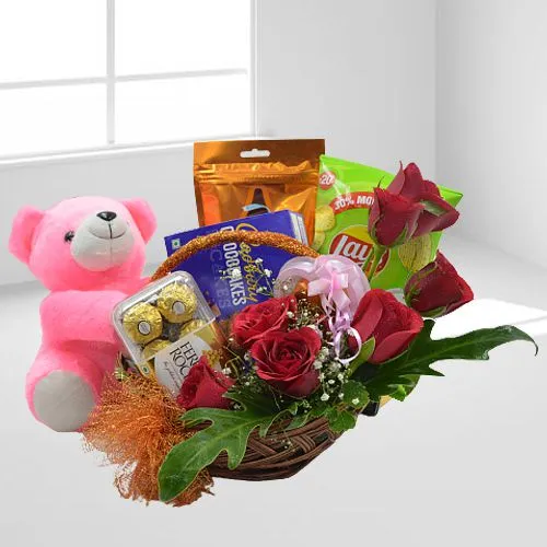 Admirable Gourmets Delight in Floral Basket with Teddy Admirable Gourmets Delight in Floral Basket with Teddy