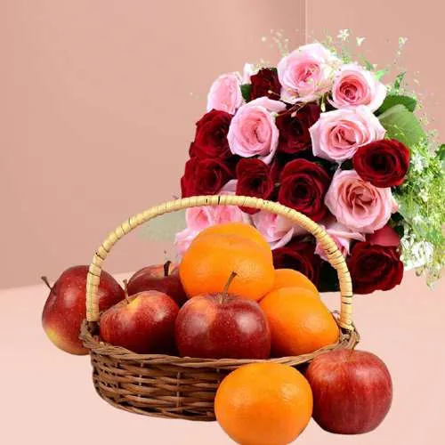 Impressive Pink n Red Roses Bouquet with Fruits Basket