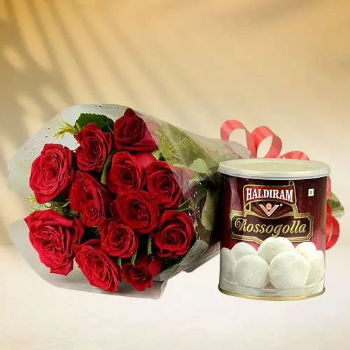 Pristine Red Roses Bouquet n Haldiram Rasgulla Combo