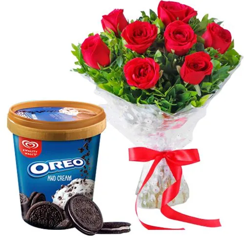Special Kwality Walls Oreo Ice Cream Tub with Red Roses Bouquet