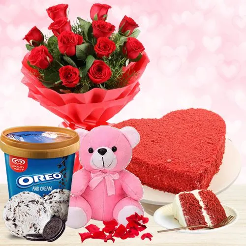 Gorgeous Red Roses Bouquet N Kwality Walls Oreo Ice Cream with Teddy n Red Velvet Cake