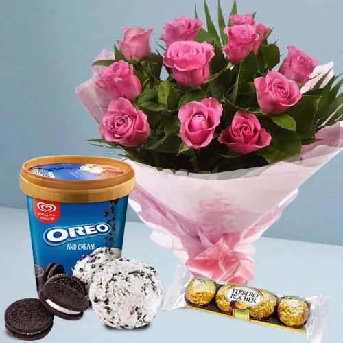 Pristine Pink Roses with Kwality Walls Oreo Ice Cream n Ferrero Rocher