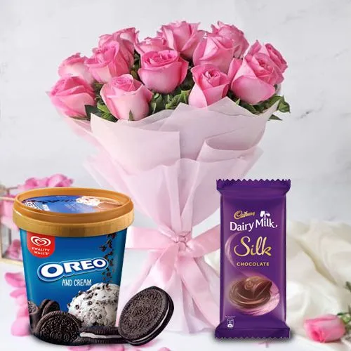 Beautiful Pink Roses with Kwality Walls Oreo Ice Cream n Cadbury Chocolate