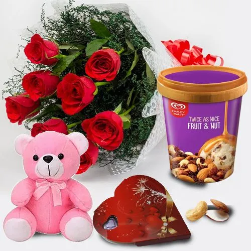 Stunning Red Roses n Kwality Walls Twin Flavor Ice Cream with Teddy n Handmade Chocolates