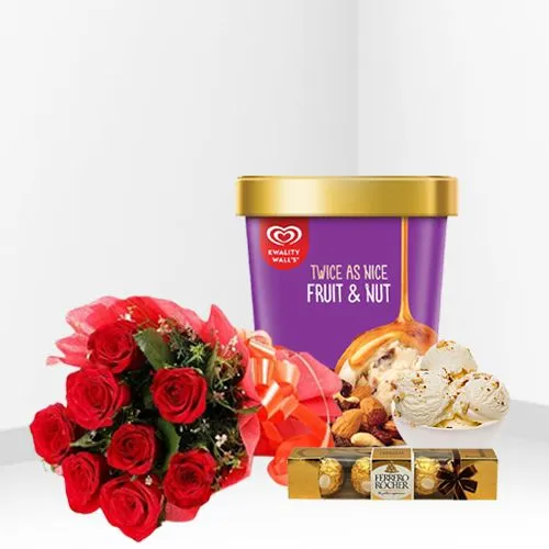 Radiant Red Roses Bouquet with Kwality Walls Twin Flavor Ice Cream n Ferrero Rocher