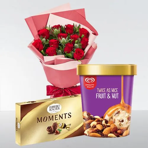 Radiant Red Rose Bouquet with Kwality Walls Twin Flavor Ice Cream n Ferrero Moments