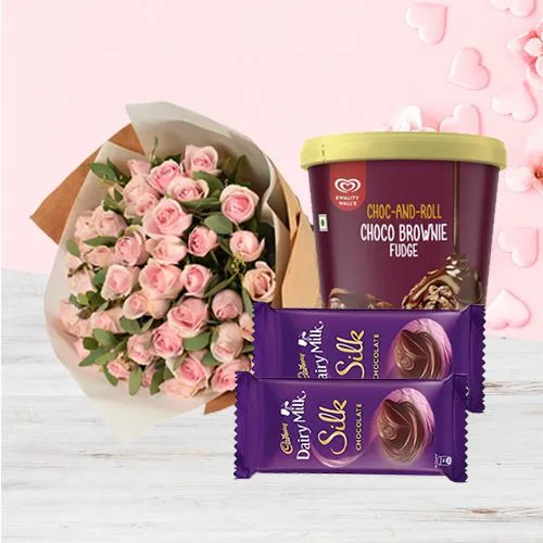 Blushing Pink Roses n Kwality Walls Choco Brownie Fudge Ice Cream with Cadbury Silk