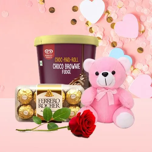 Yummy Kwality Walls Choco Brownie Ice Cream N Ferrero Rocher with Teddy n Rose