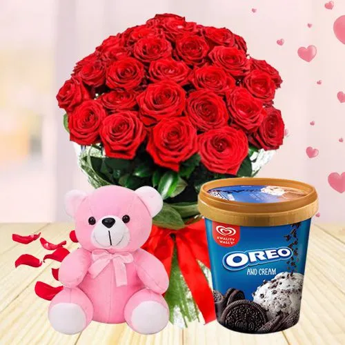 Pristine Red Roses Bouquet with Kwality Walls Oreo n Cream Ice Cream n Teddy