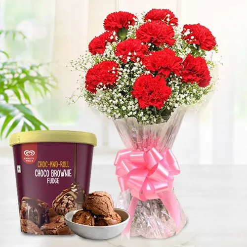Radiant Red Carnations Bouquet with Choco Brownie Fudge Ice Cream from Kwality Walls