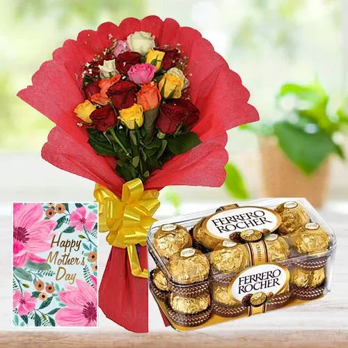 Fantastic Bunch of Mixed Roses with Ferrero Rocher N Wishes Card