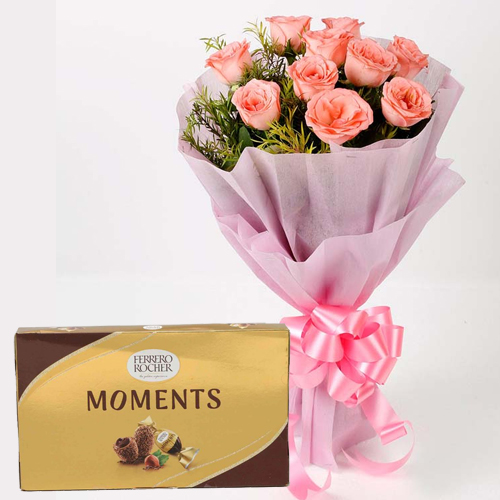 Delightful Pink Roses Bouquet n Ferrero Rocher Moments Chocolates