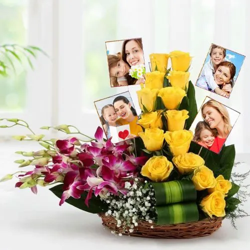 Ecstatic Orchids n Roses with Personalized Pics in Basket