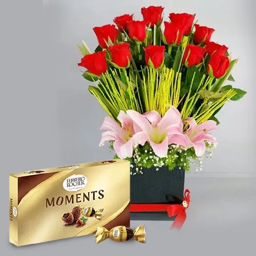 Admirable Red Roses n Pink Lilies Gift Box with Ferrero Rocher Moment