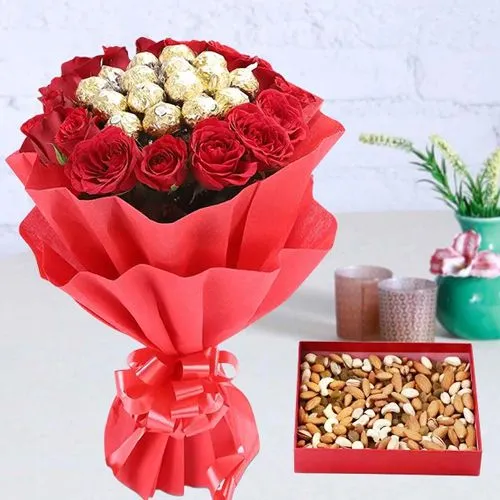 Breathtaking Roses n Ferrero Rocher Bouquet Mix Dry Fruits Box