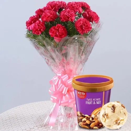 Magnificent Red Carnation Bouquet with Kwality Walls Fruit n Nut Ice Cream