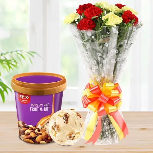 Colourful Carnation Bouquet with Fruit n Nut Ice-Cream from Kwality Walls