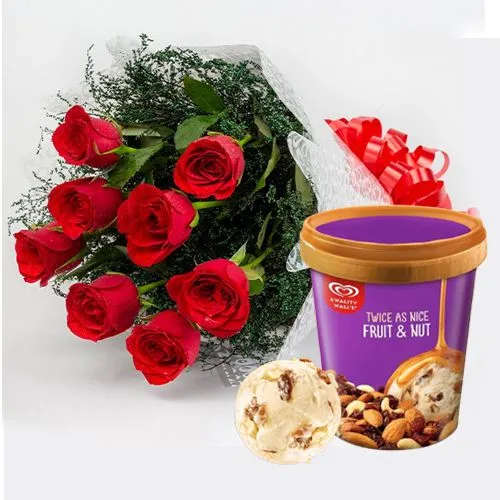 Dramatic Red Roses Bouquet with Fruit n Nut Ice-Cream from Kwality Walls