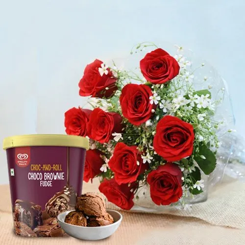 Enchanting Red Rose Bouquet with Choco Brownie Fudge Ice Cream from Kwality Walls