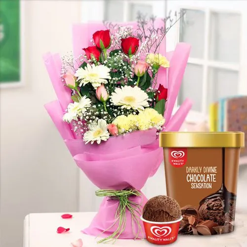 Amazing Arrangement of Mixed Flower with Chocolate Ice-Cream from Kwality Walls