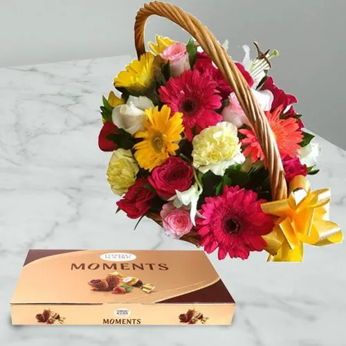 Exotic Mixed Flowers Basket With Ferrero Rocher Moments