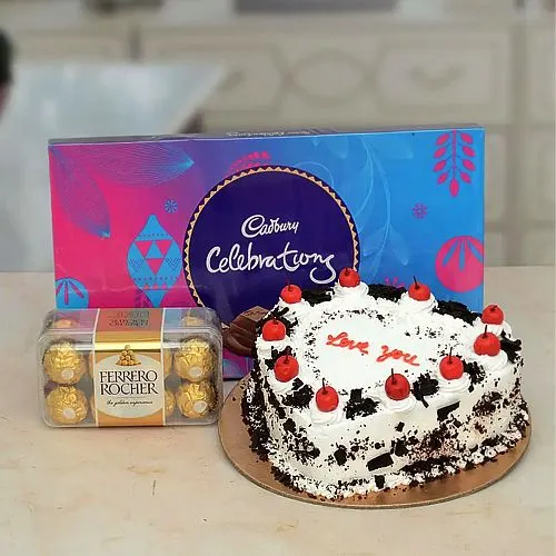 Special Heart Shape Cake with Ferrero Rocher and Cadbury Celebration Combo