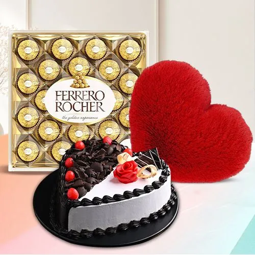 Romantic Gift of Heart Cake N Cushion with Ferrero Rocher