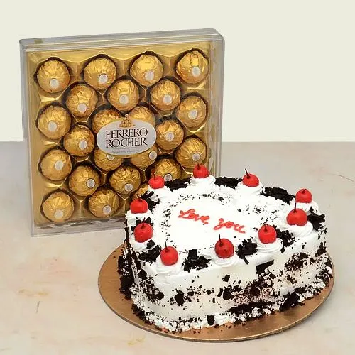 Marvelous Combo of Ferrero Rocher Pack with Heart Shape Black Forest Cake