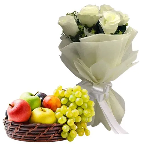 Pristine Beauty of White Roses Bouquet with Fresh Fruits