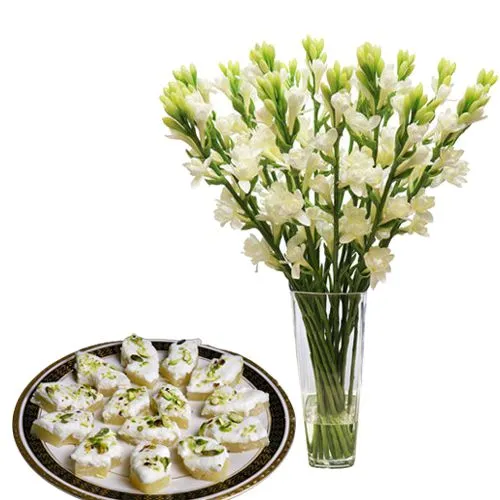 Peaceful White Tuberose Bunch with Sweetness of Sandesh