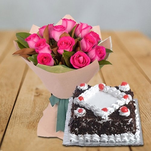 Soft Pink Roses bunch with delectable Black Forest Cake Soft Pink Roses bunch with delectable Black Forest Cake