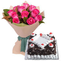 Charming Cluster of Pink Roses and Black Forest Cake Charming Cluster of Pink Roses and Black Forest Cake