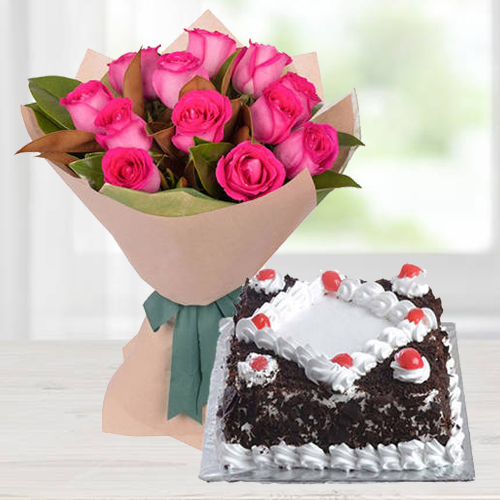 Dazzling 12 Pink Roses Bunch with 1/2 Kg Black Forest Cake Dazzling 12 Pink Roses Bunch with 1/2 Kg Black Forest Cake