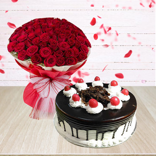 Delicate 50 Red Roses Arrangement with 1/2 Kg Black Forest Cake Delicate 50 Red Roses Arrangement with 1/2 Kg Black Forest Cake