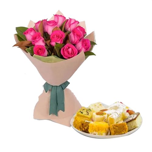 Mixed Sweets Box and Pink Roses Bouquet Mixed Sweets Box and Pink Roses Bouquet