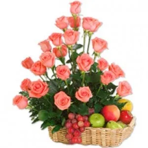 Order Basket of Fresh Fruits N Roses